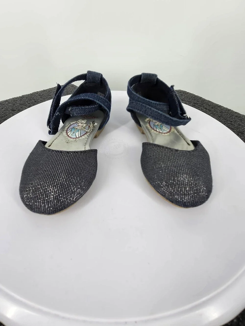 Disney Frozen Elsa Shoes Girls 6 Blue Denim Silver Sparkle Ankle Strap Flats